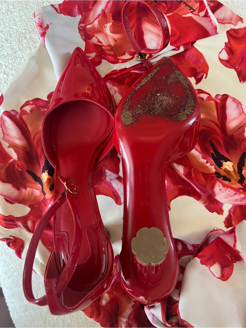 Salvatore Ferragamo Red Patent Pointed-Toe Slingback Pumps with Ankle Tie - Picture 8 of 10